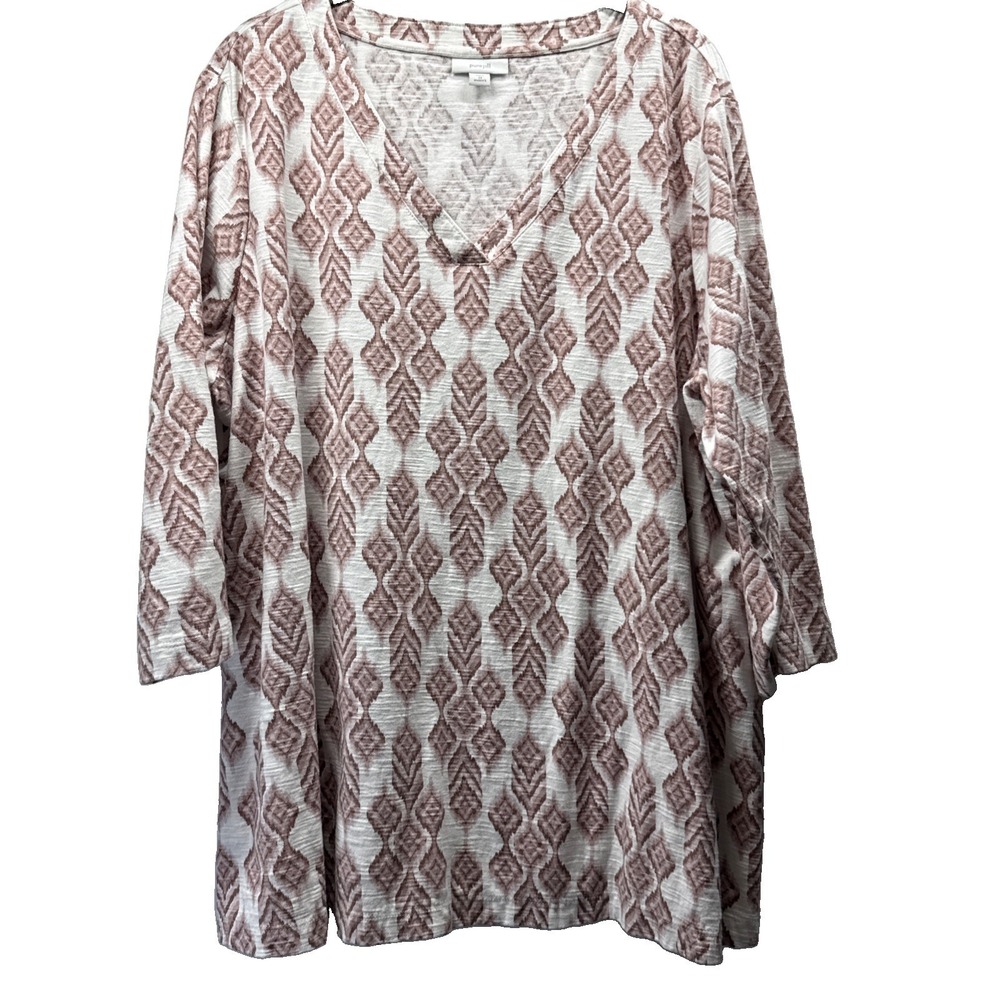 PureJill J Jill Women's Top Size 2X Plus Red White V Neck 3/4 Sleeves Pullover